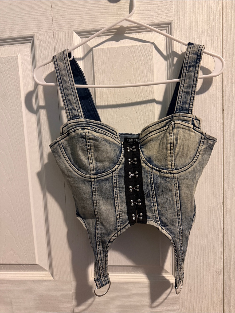 Fashion Nova Light Wash Denim Corset Top with pants